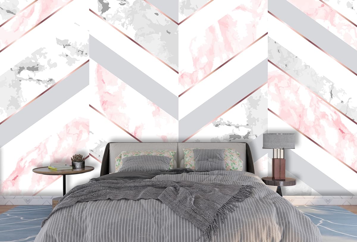 Classy Pink and Grey Chevron Design Wallpaper shown in a room