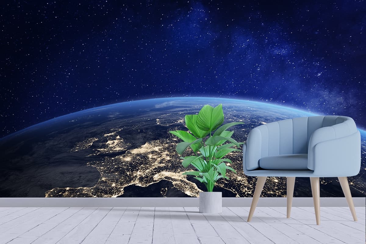 A view of the earth from space shown in a room