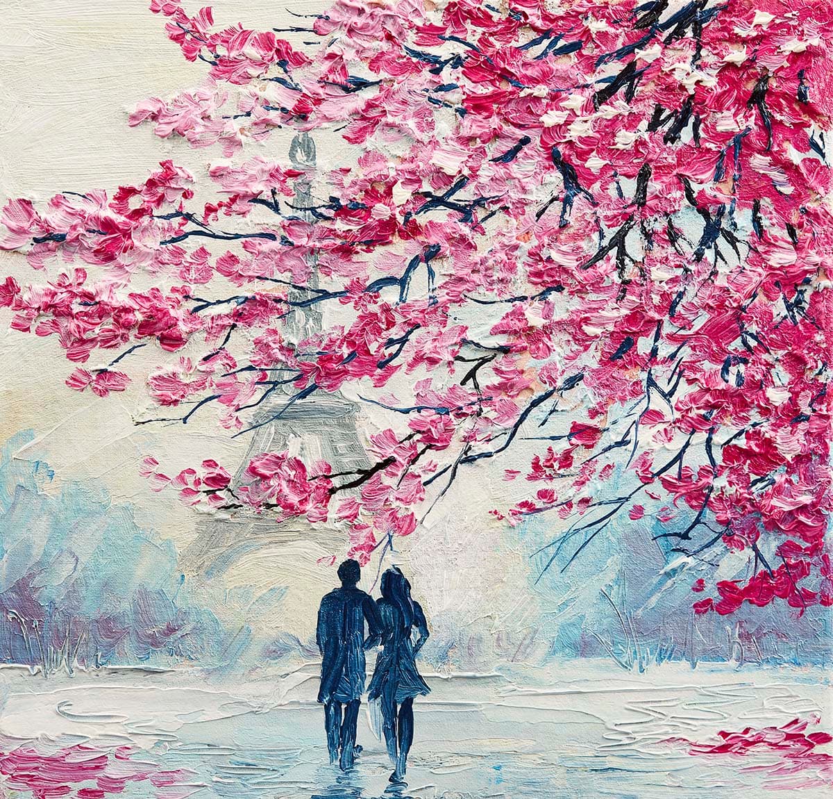 Whispering Blossoms, Painting of A Couple Walking Under a Tree Wallpaper Mural pattern detail