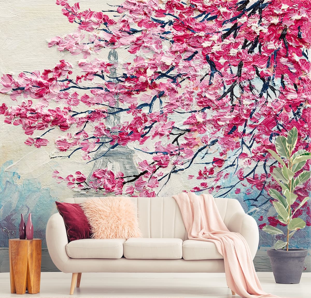 Whispering Blossoms, Painting of A Couple Walking Under a Tree Wallpaper Mural shown in a room