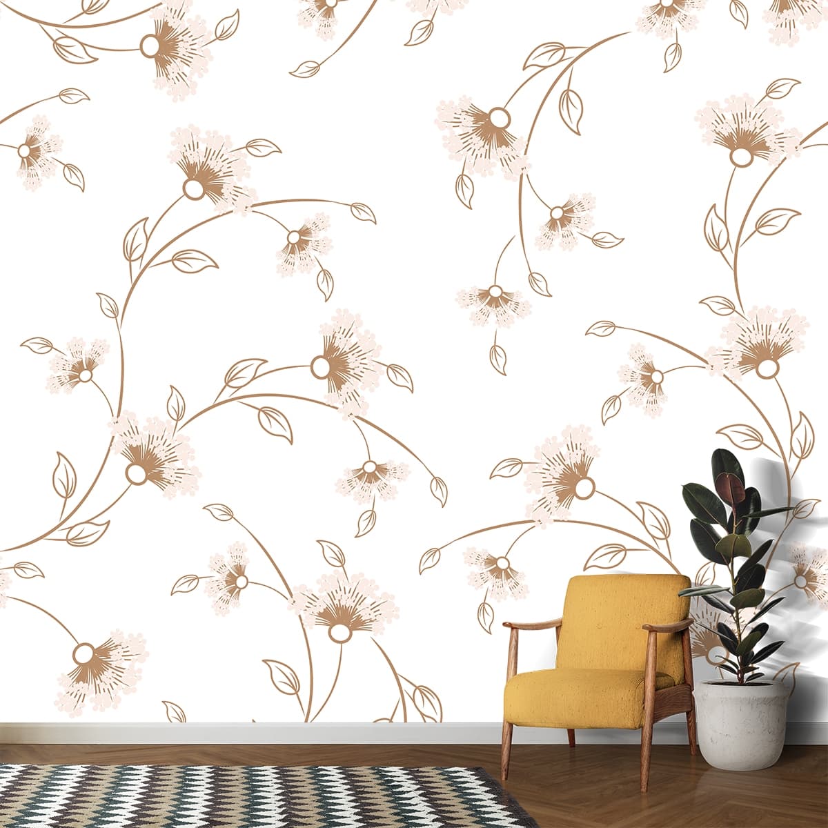 A pattern of flowers on a white background shown in a room