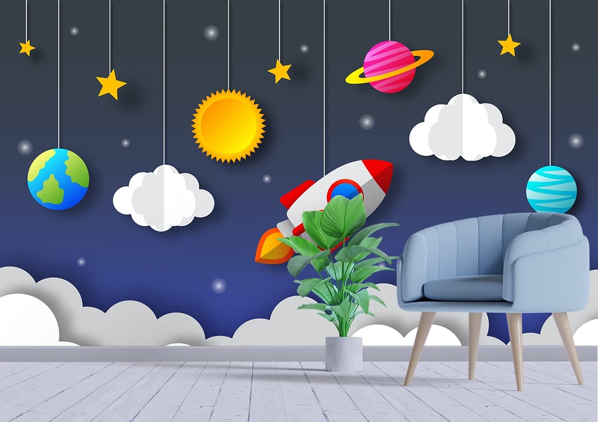 Happy Galaxy Journey Mural shown in a room