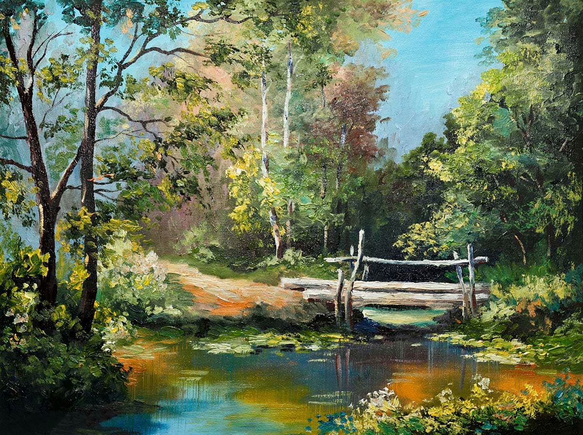 Nature Pond with Trees and Bridge Scene Wallpaper pattern detail