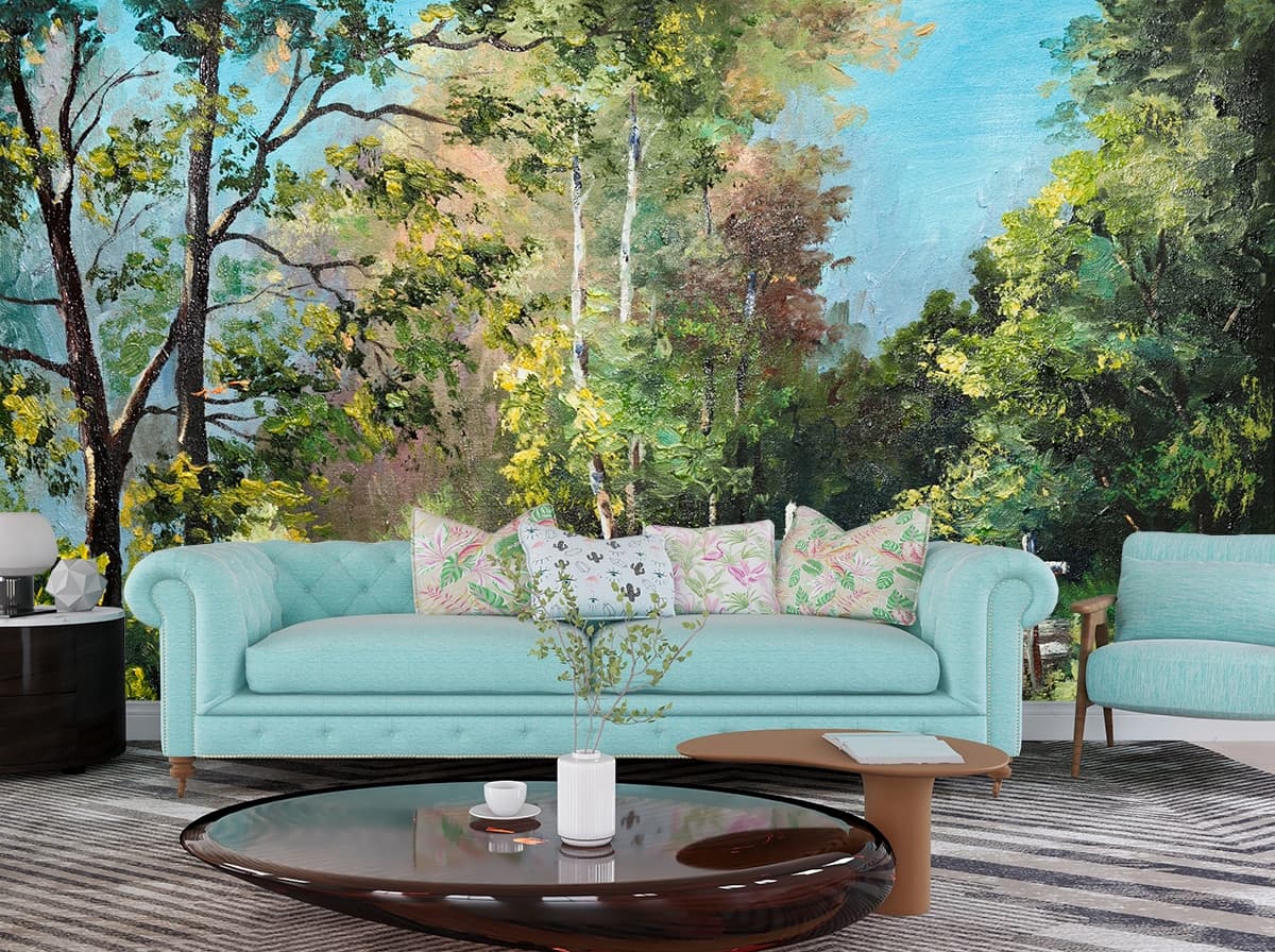 Nature Pond with Trees and Bridge Scene Wallpaper shown in a room