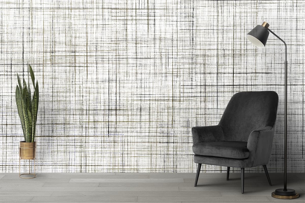 A white fabric with black lines shown in a room