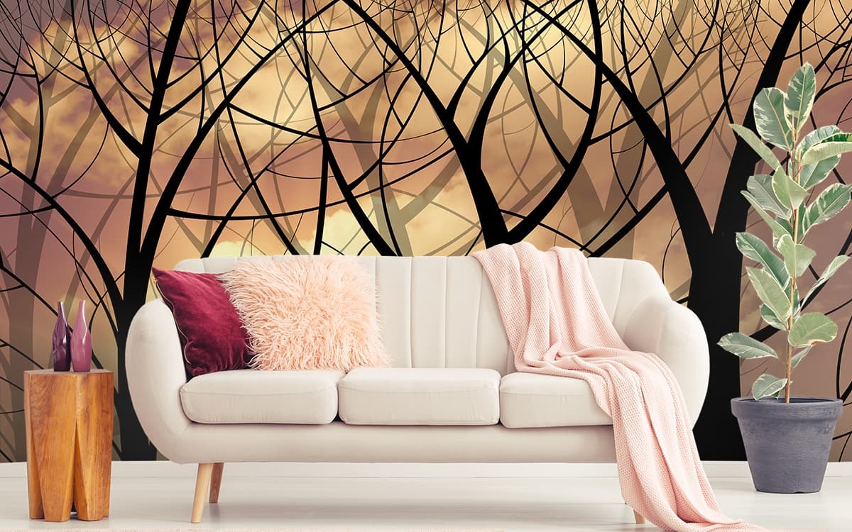 Sunset Silhouette Trees Warm Nature Background Wallpaper shown in a room