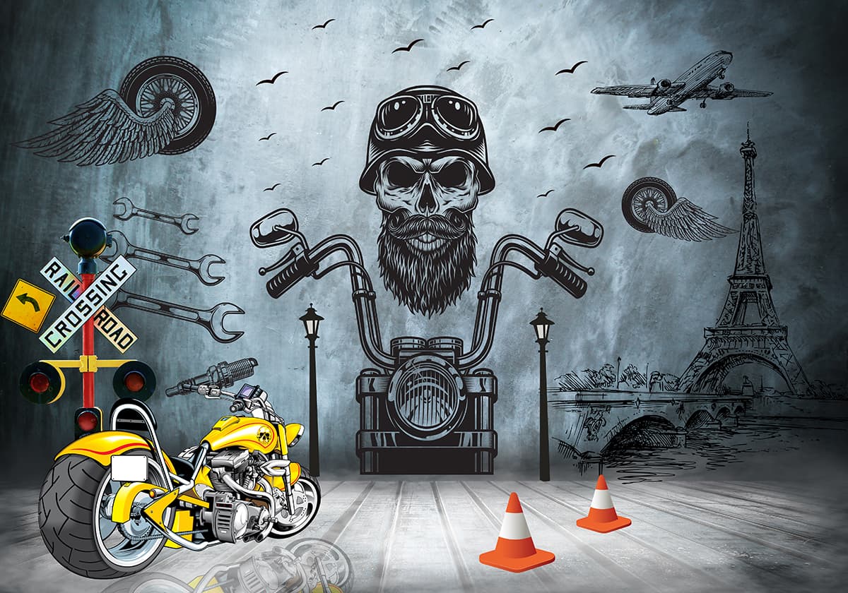 Skull and Motorcycle Wall Art Edgy Wall Mural Wallpaper pattern detail