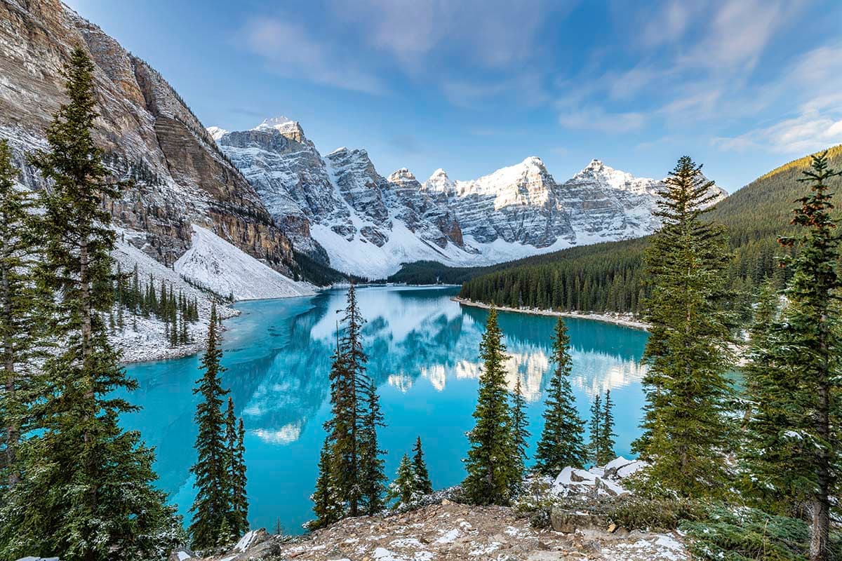 Mountain Wallpaper, Blue lake surrounded by snow covered mountains pattern detail