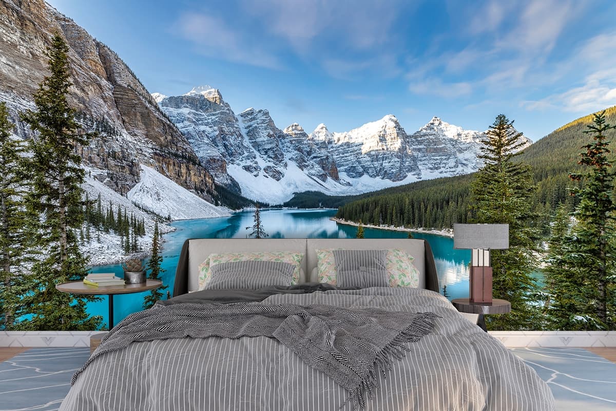 Mountain Wallpaper, Blue lake surrounded by snow covered mountains shown in a room