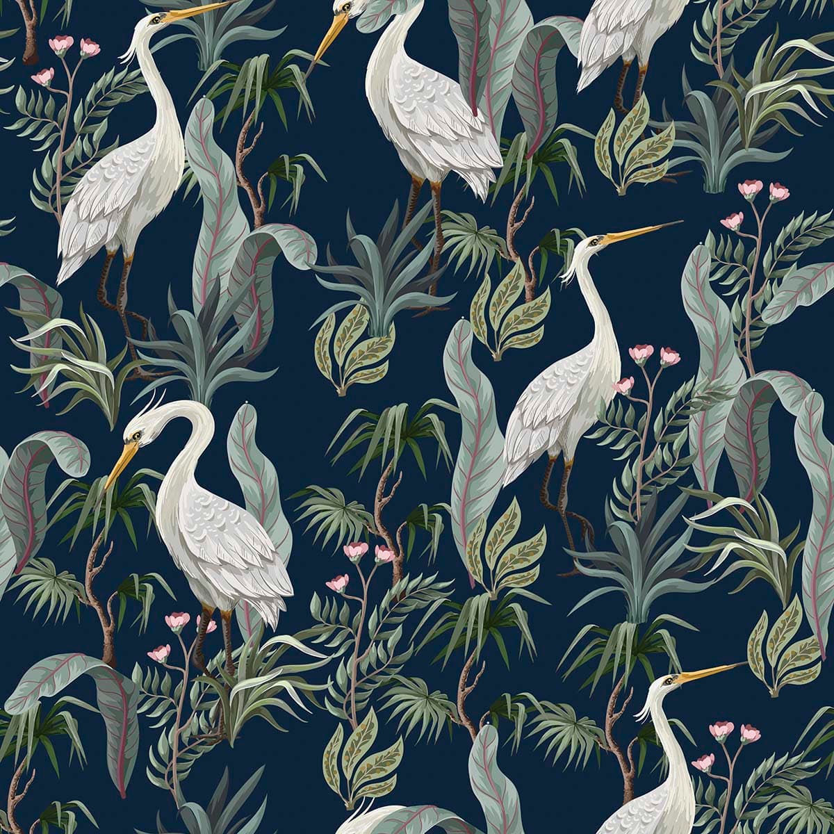White Birds and Botanical Plant Pattern Wall Mural Wallpaper pattern detail