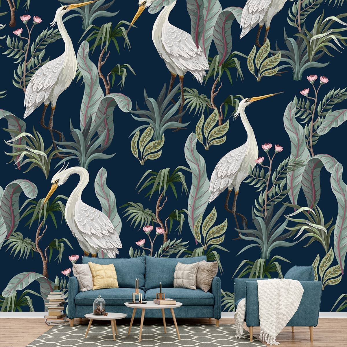 White Birds and Botanical Plant Pattern Wall Mural Wallpaper shown in a room