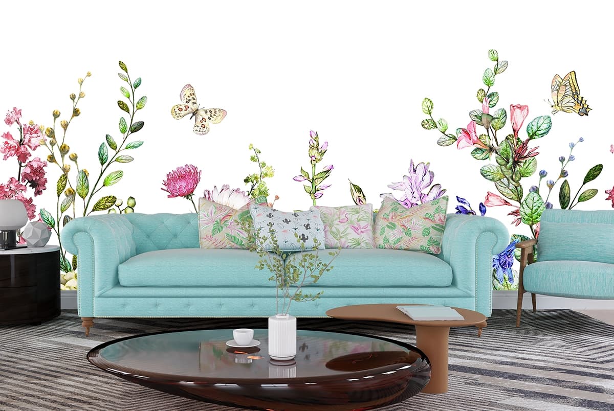 A Wallpaper of Bunch of Beautiful Flowers for Living Room shown in a room