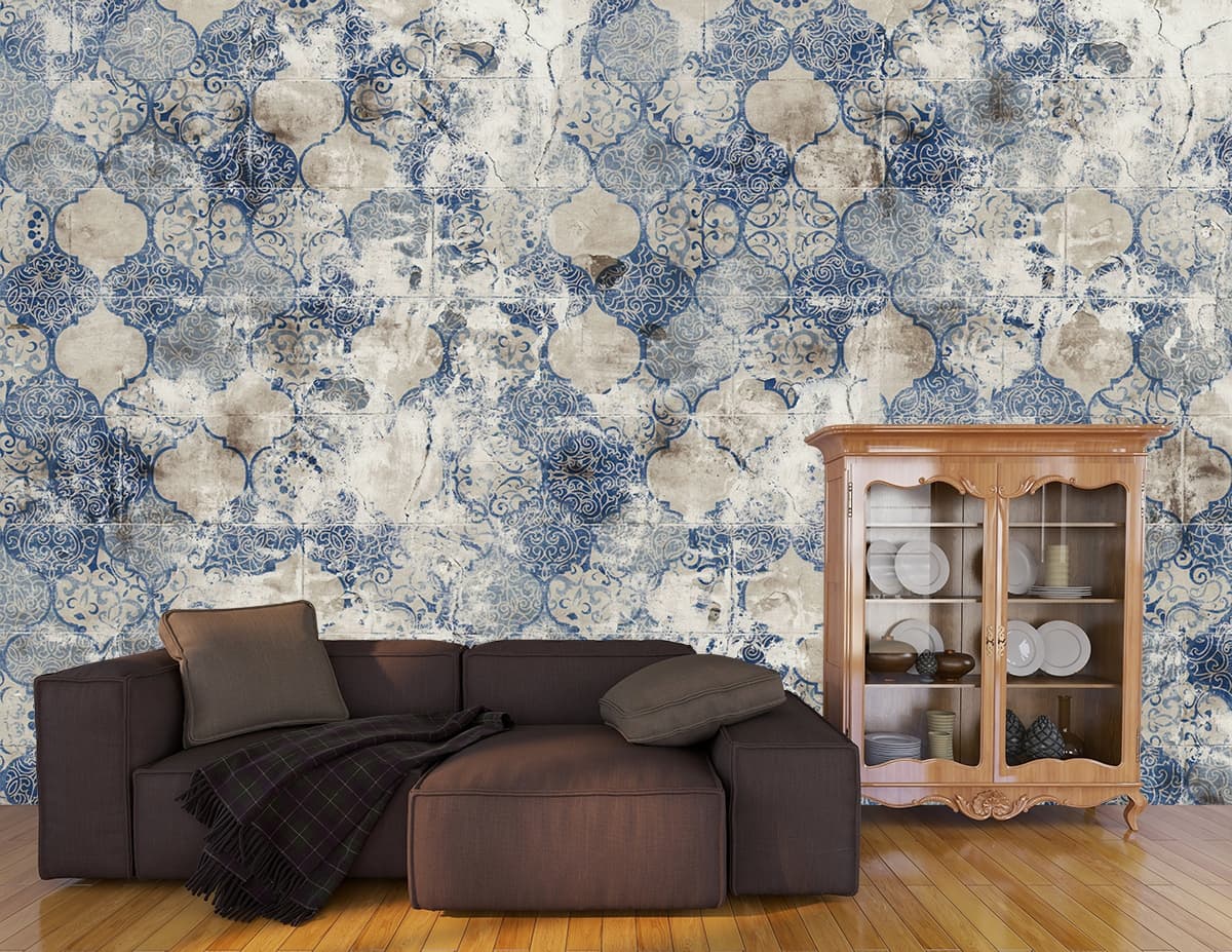 Blue and White Patterned Wallpaper shown in a room