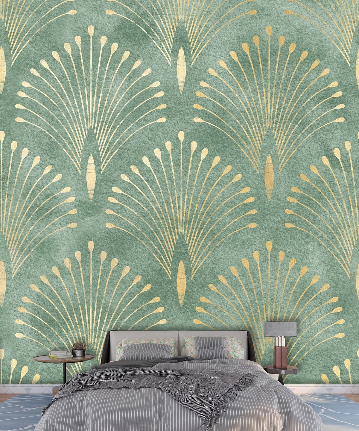 Teal Art Deco Wallpaper for Wall shown in a room