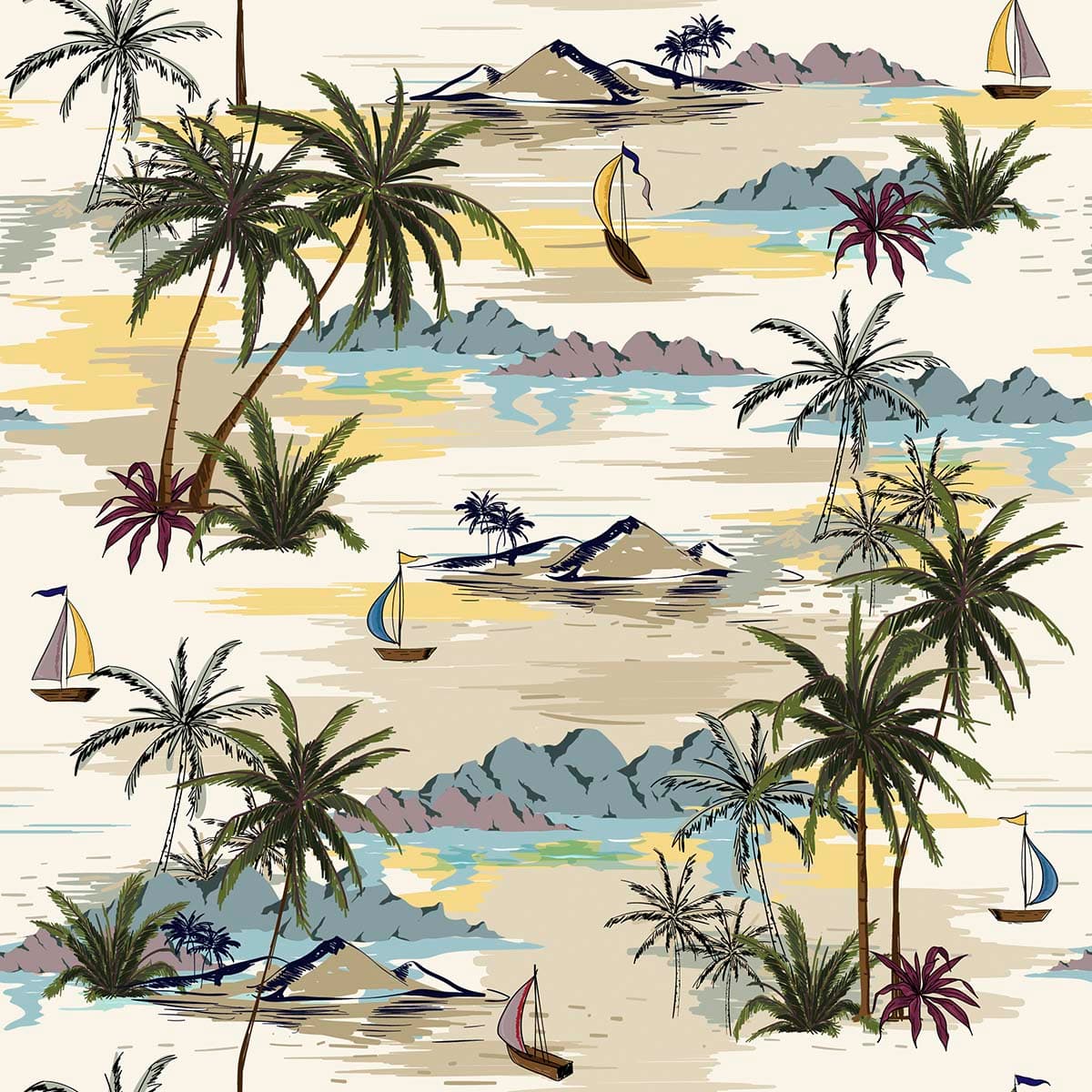 A pattern of palm trees and boats pattern detail
