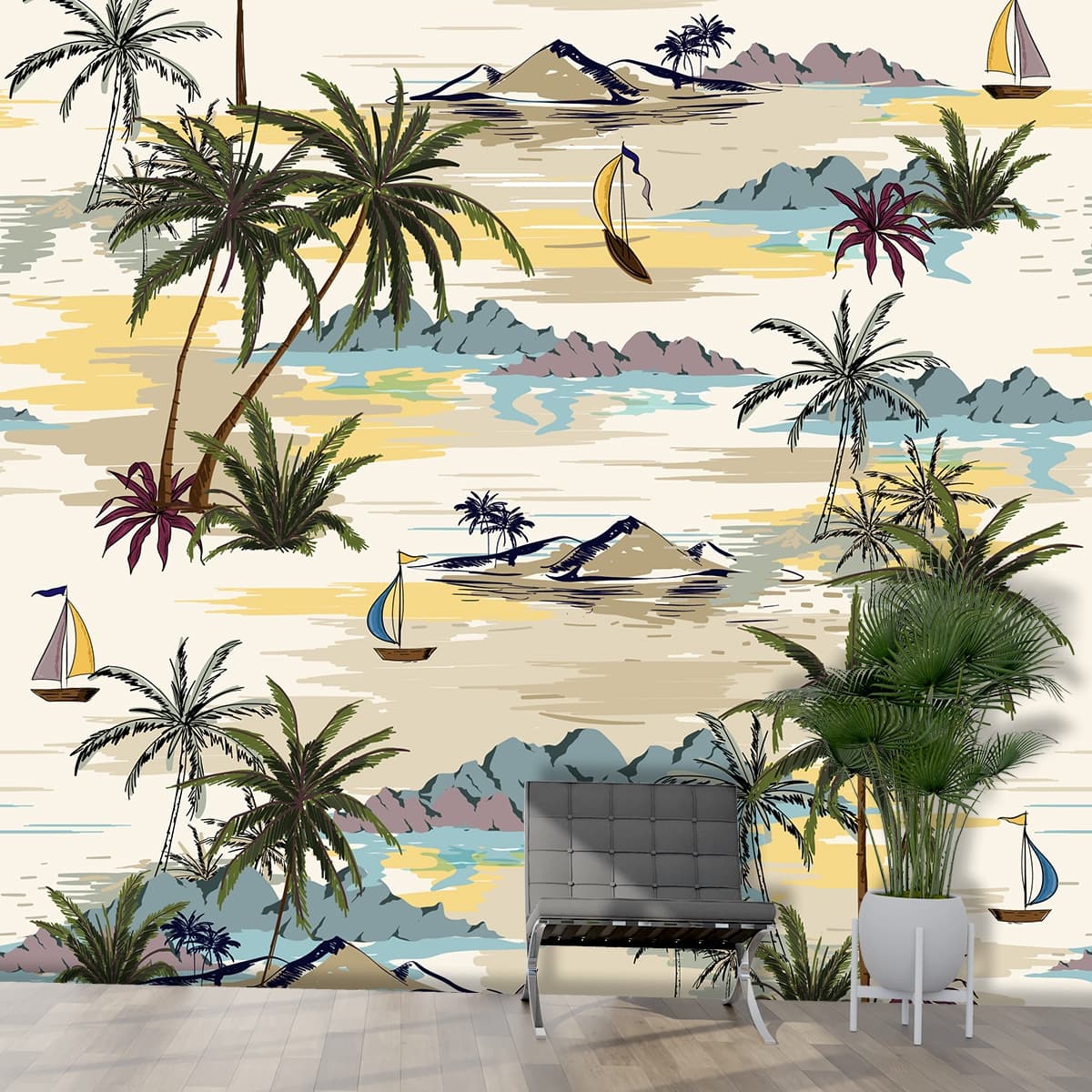 A pattern of palm trees and boats shown in a room