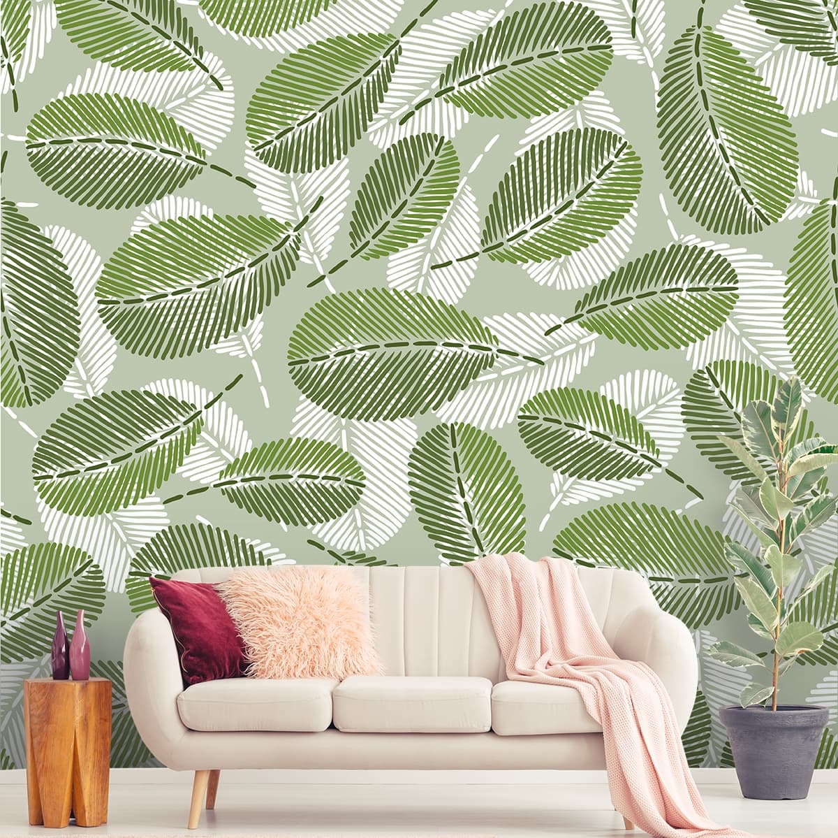 A pattern of green and white leaves shown in a room