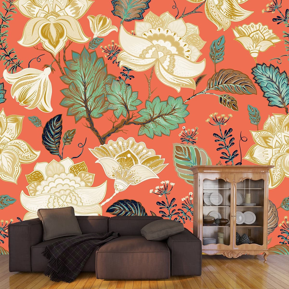 Elegant Floral Leaves Pattern Modern Look Wallpaper shown in a room