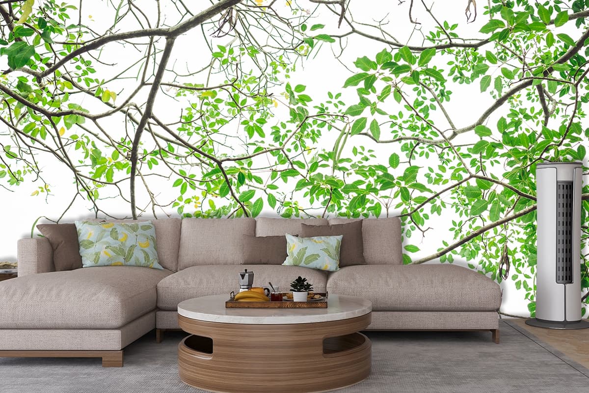 Tree Branches With Green Leaves Wallpaper for Ceiling shown in a room