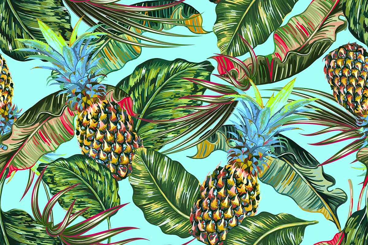 A pineapples and leaves on a blue background pattern detail