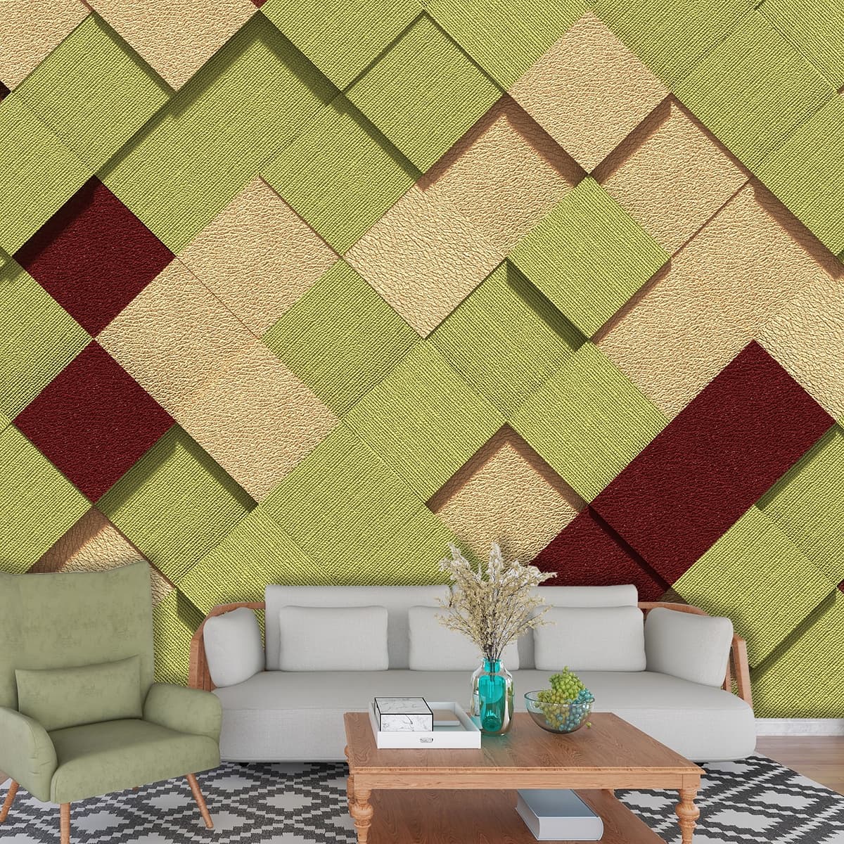 Elegant Olive and Burgundy Layered Blocks Wallpaper shown in a room