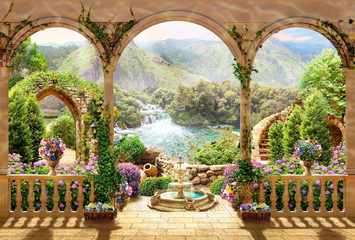 Mountain Wallpaper, Garden with a waterfall and a river pattern detail