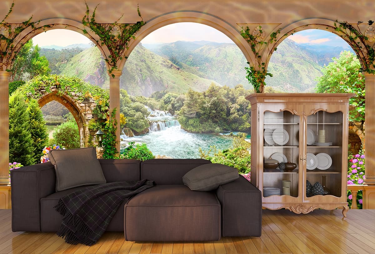 Mountain Wallpaper, Garden with a waterfall and a river shown in a room