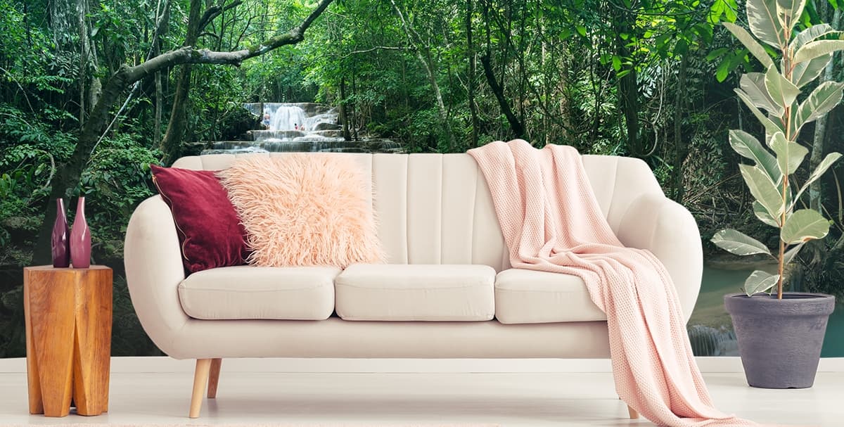Serene Waterfall and River in Forest Wallpaper shown in a room