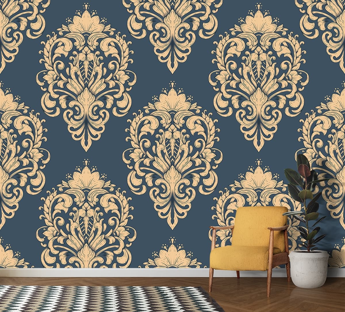 A Wallpaper of a Golden Floral Pattern for Wall shown in a room