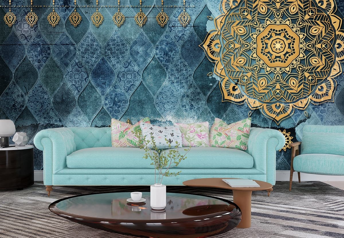 Mandala Design Gold Damask Wallpaper Mural shown in a room