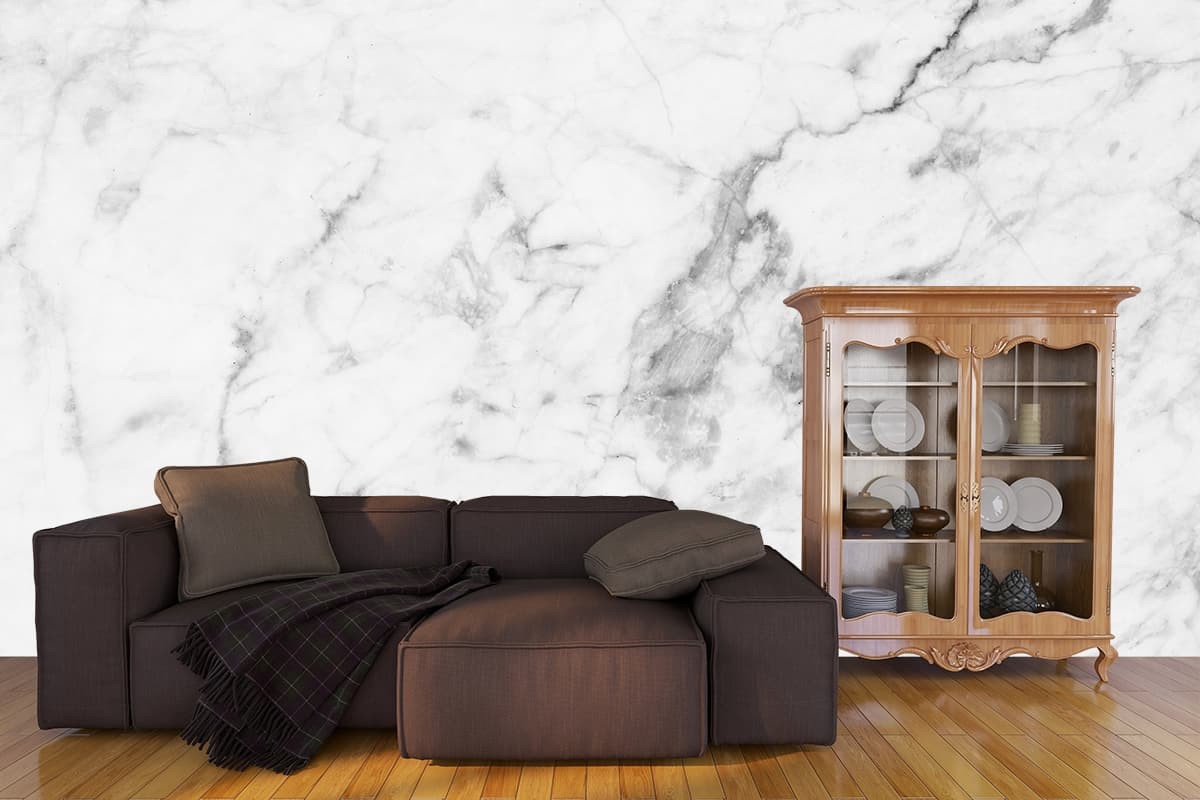 Stylish Marble Texture White with Black Veins Wallpaper shown in a room