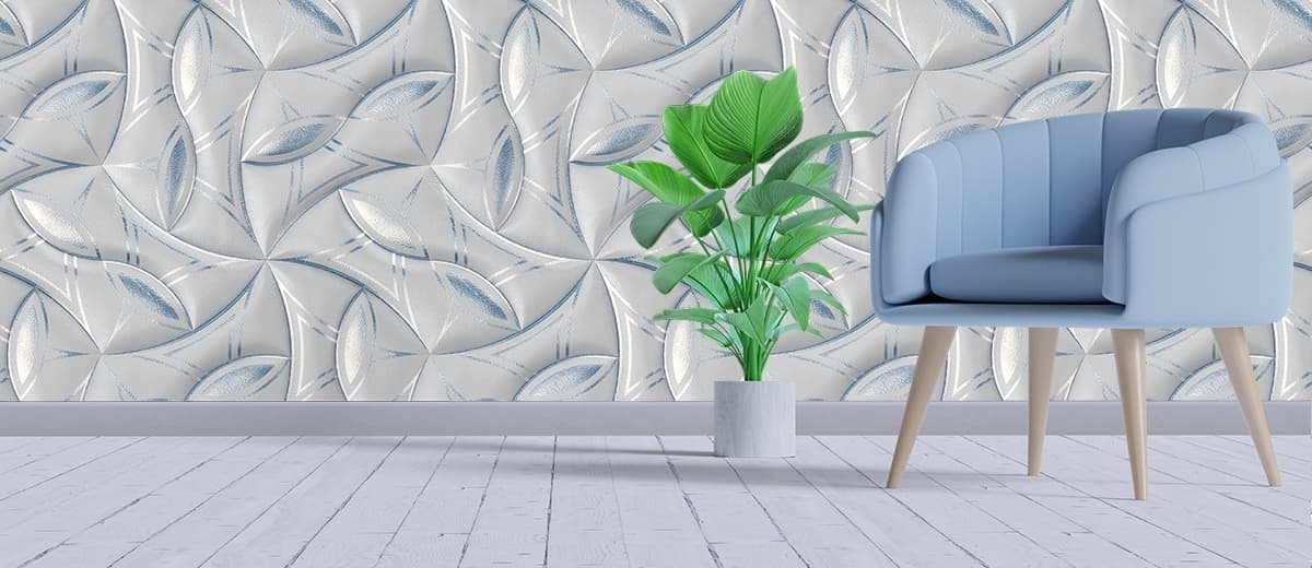 A white and blue patterned surface shown in a room