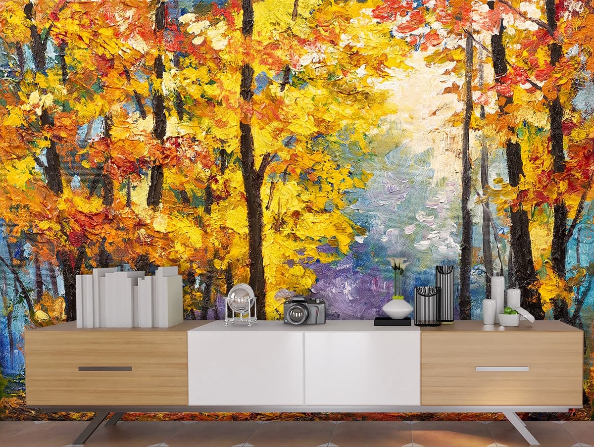 Nature Trees with Red and Yellow Leaves wallpaper shown in a room