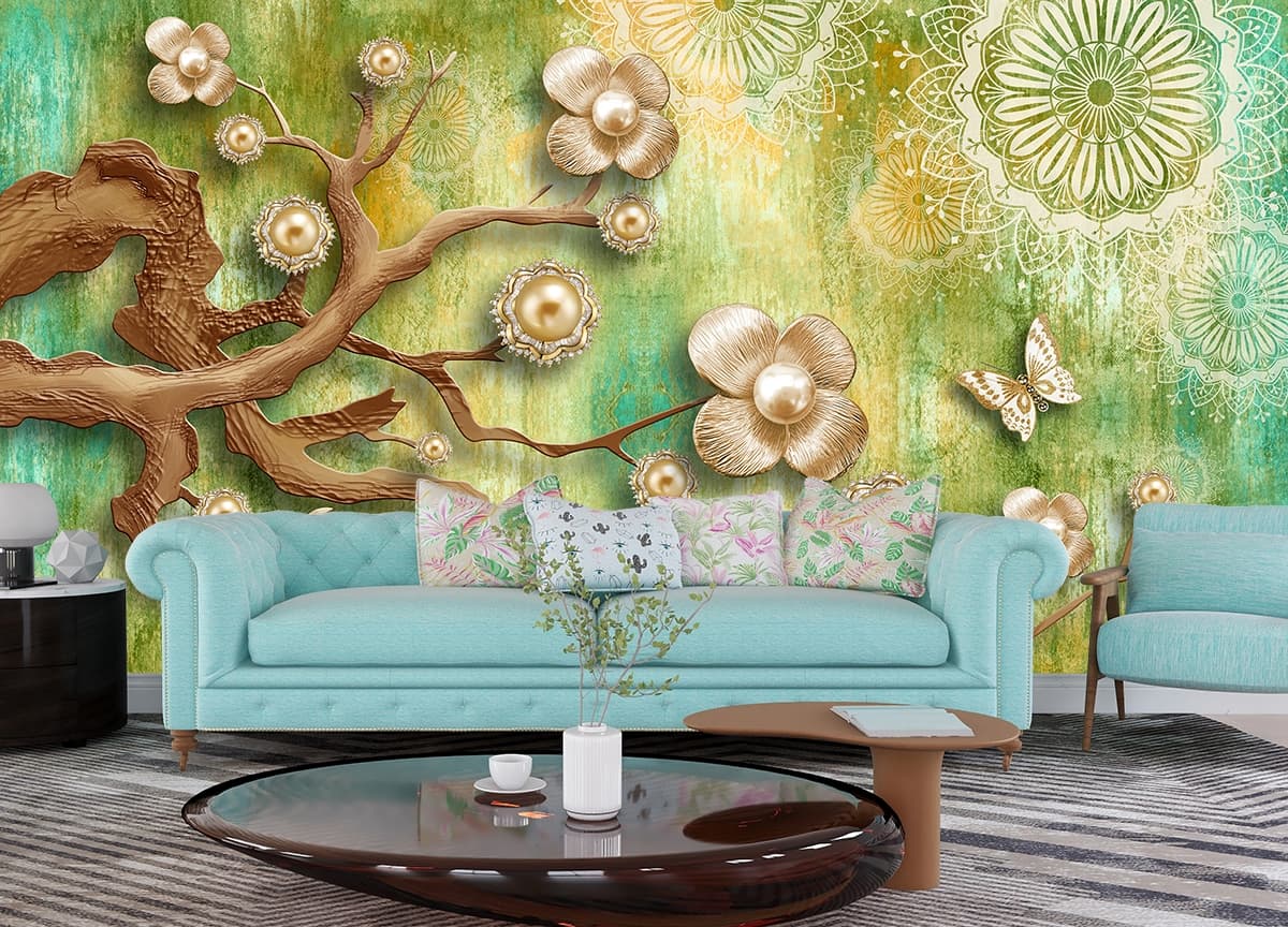 A tree branch with flowers and pearls shown in a room