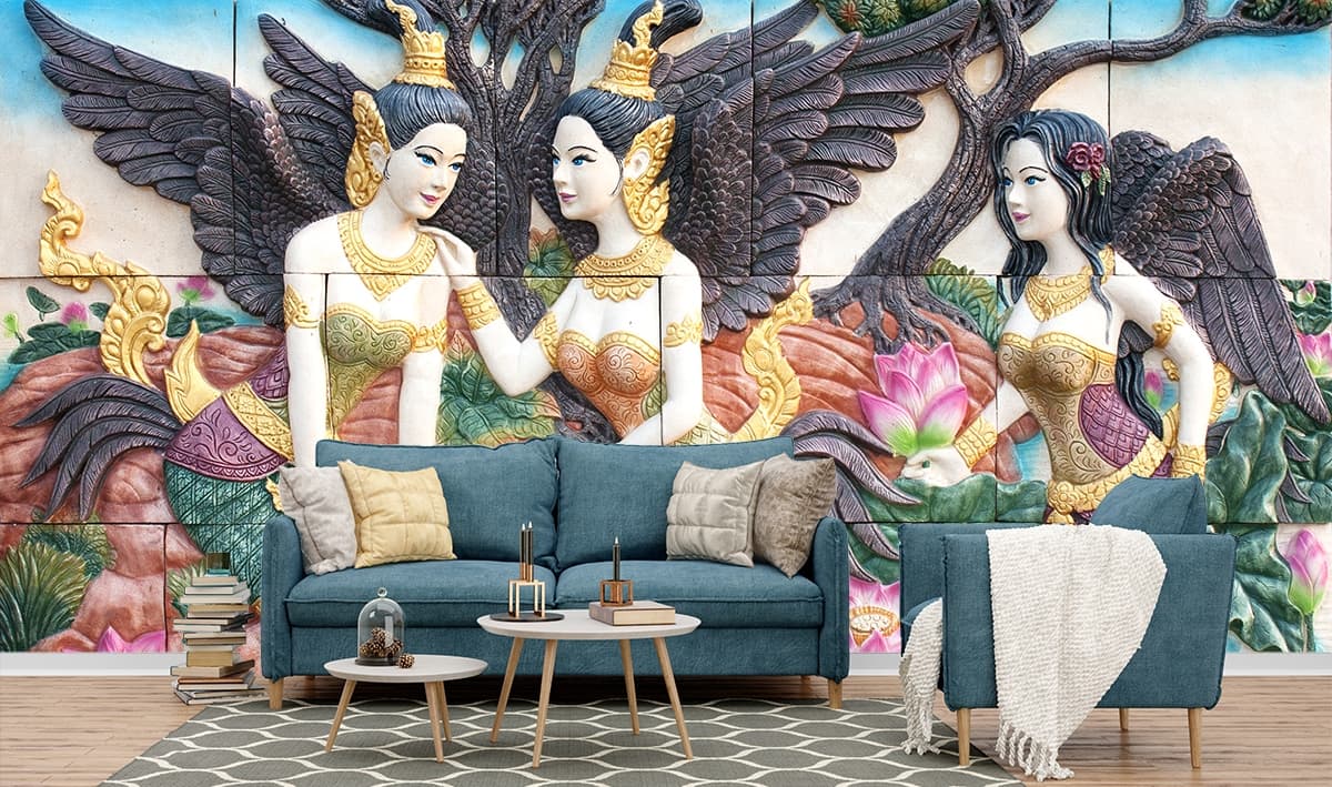 Elegant Classical Women Sculpture Wallpaper shown in a room