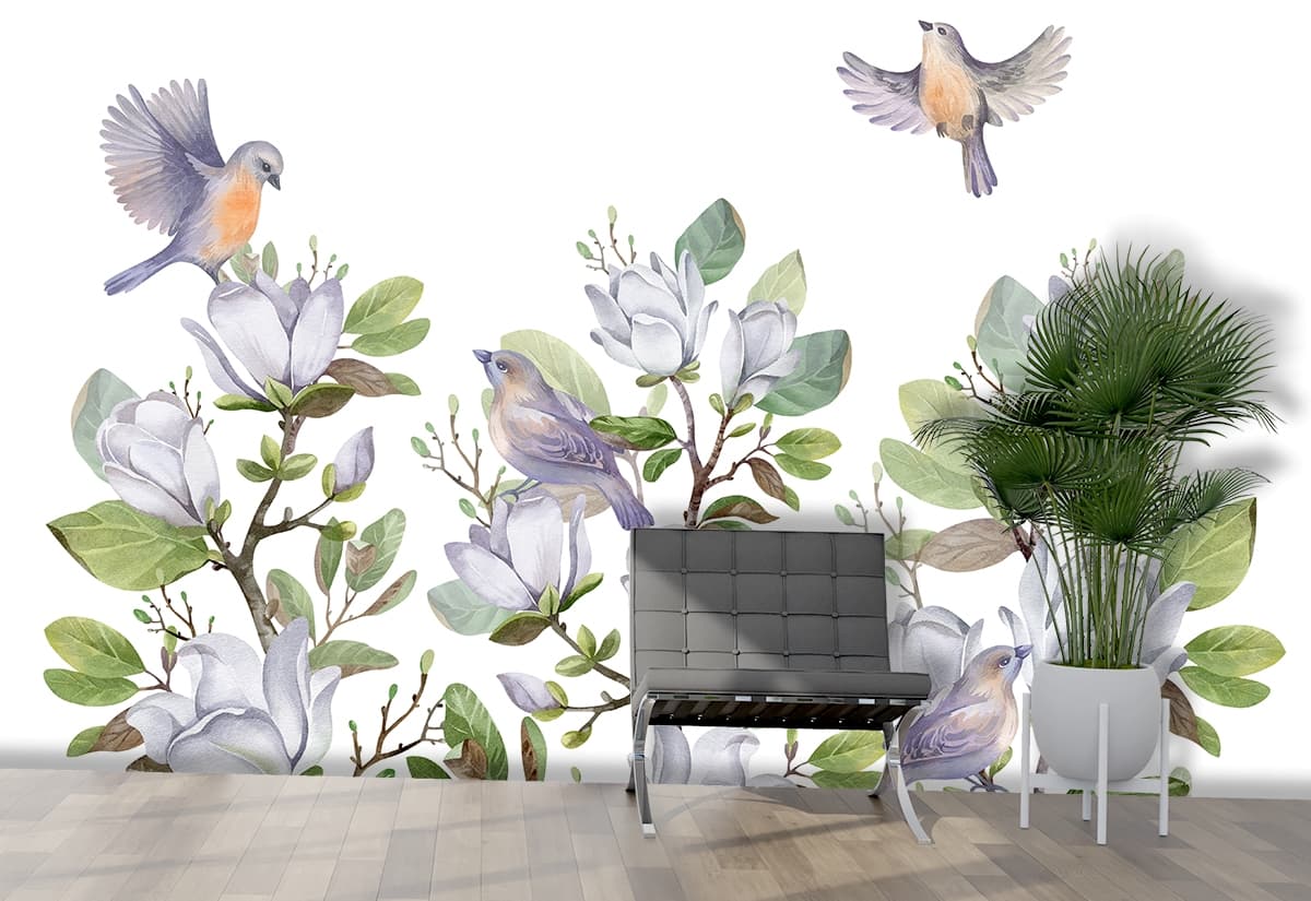 Beautiful Birds and Floral Leaves Scene wallpaper shown in a room