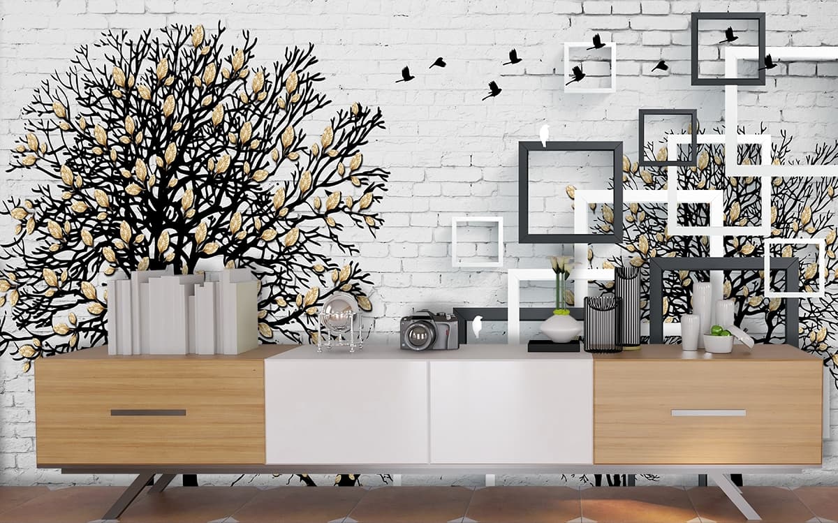 A Wall with a Tree and Birds shown in a room