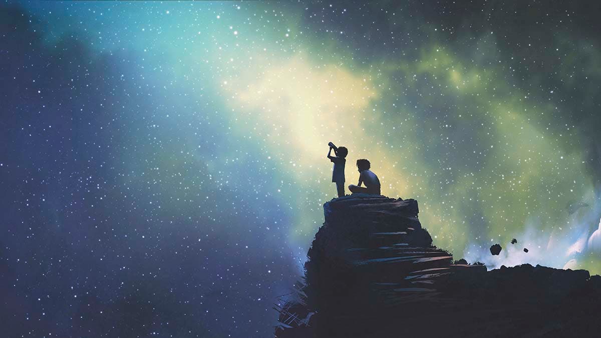 Dreamy Children Watching Stars Night Sky Wallpaper pattern detail