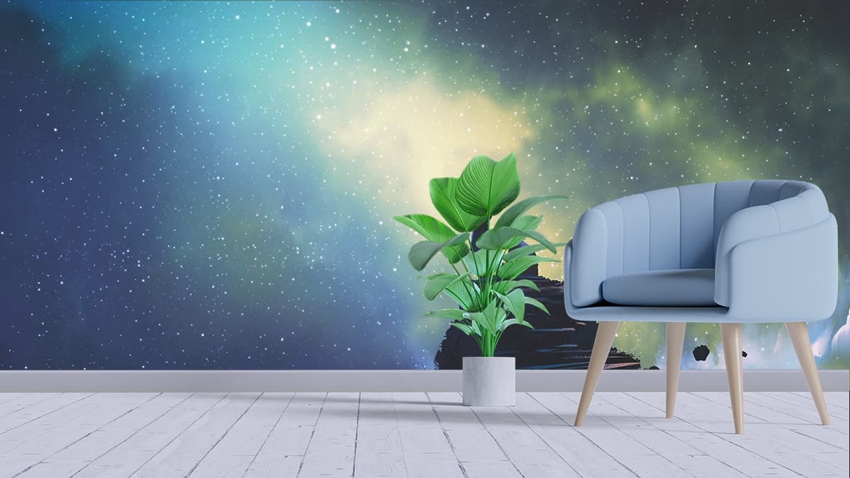 Dreamy Children Watching Stars Night Sky Wallpaper shown in a room