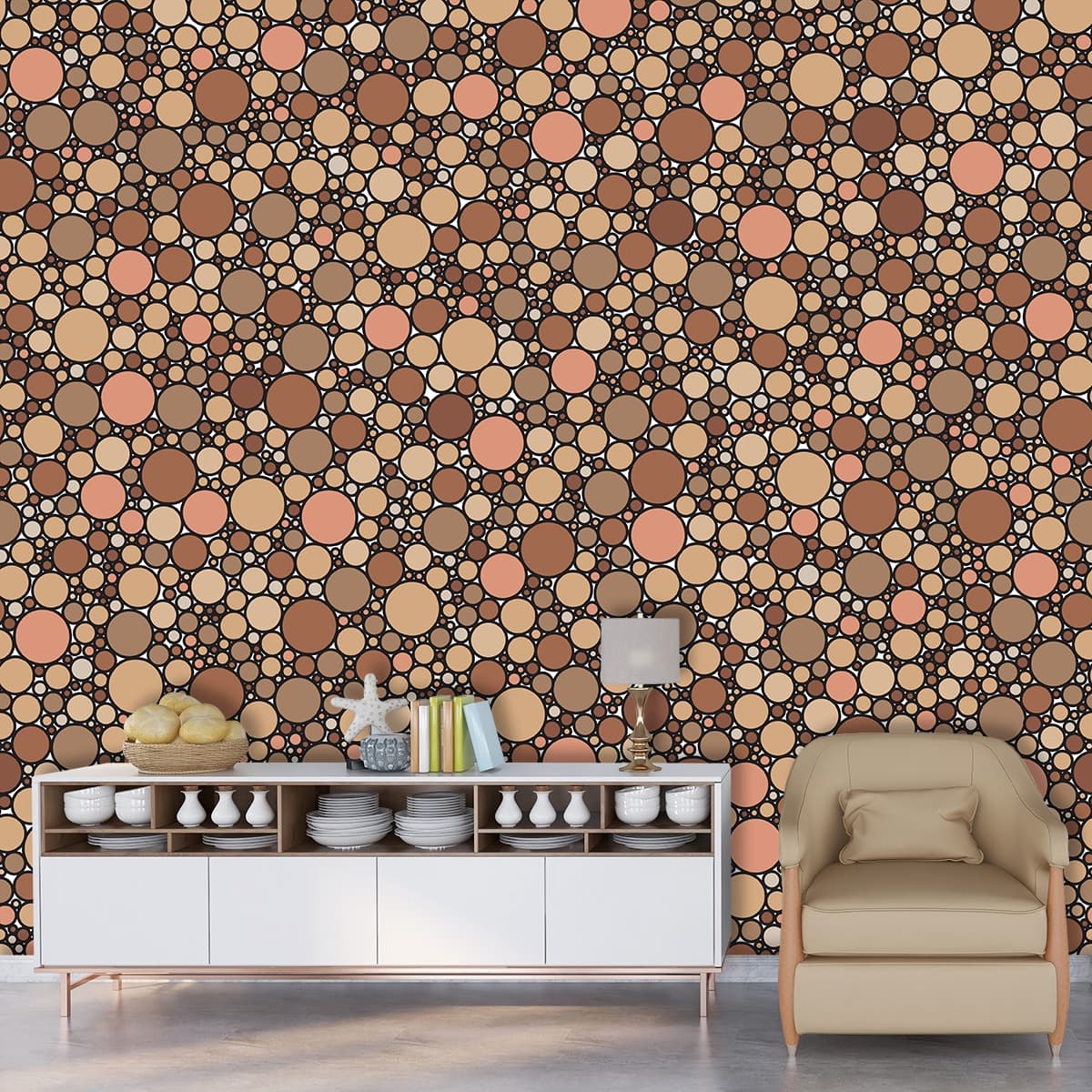 Modern Minimal Dot Circle Pattern Wallpaper for Walls shown in a room