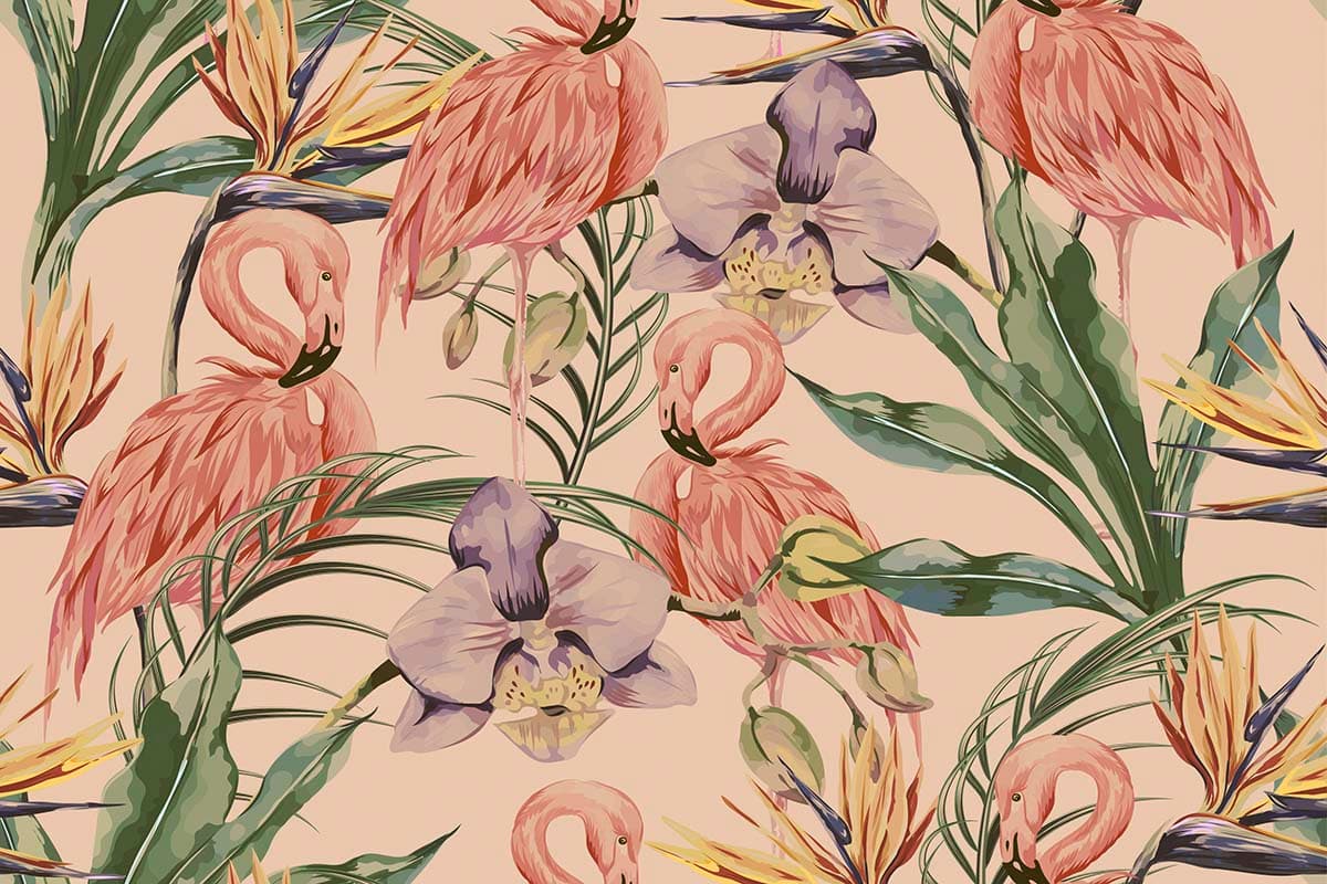 Pink Flamingos and Floral Tropical Wall Mural Wallpaper pattern detail