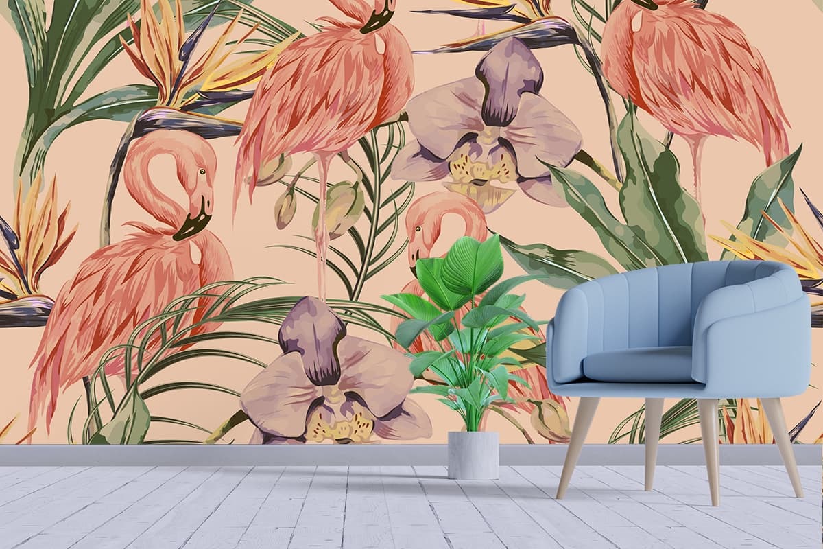 Pink Flamingos and Floral Tropical Wall Mural Wallpaper shown in a room