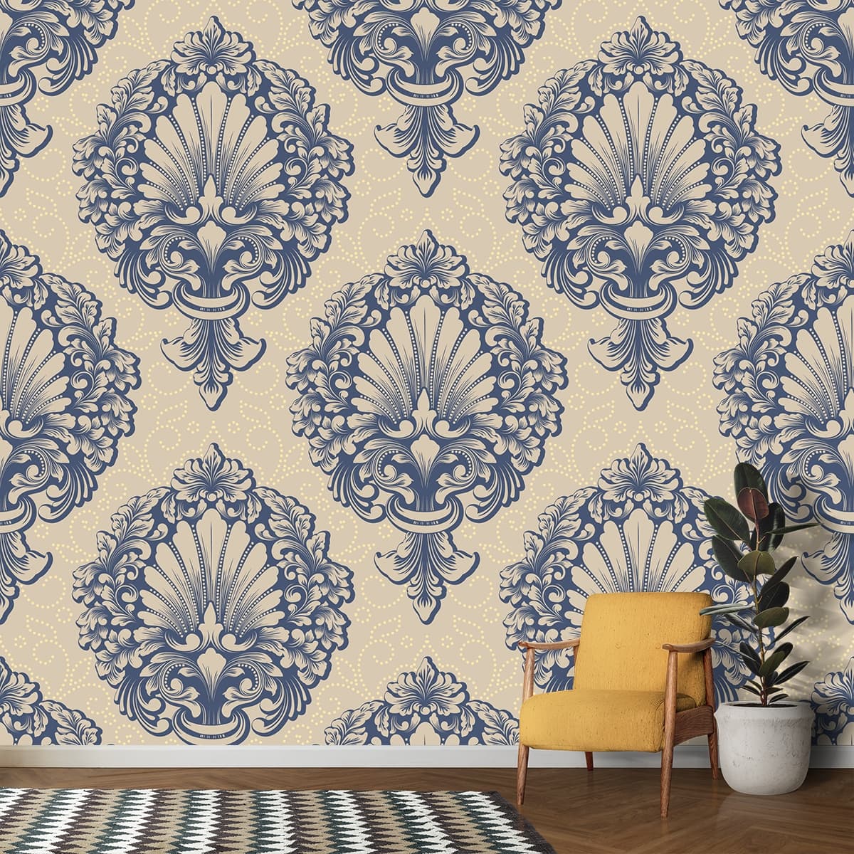 A pattern of blue and white flowers shown in a room