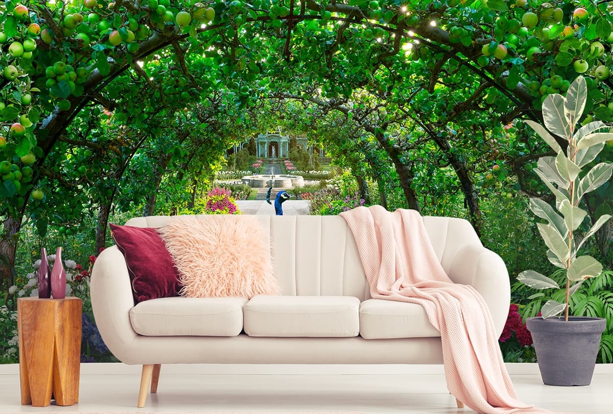 Peacock in Garden Wallpaper shown in a room