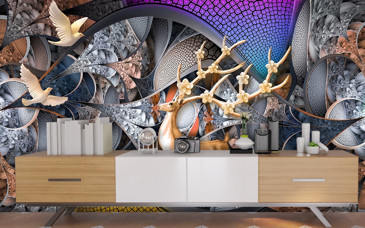 Gold Deer with Floral Design Elegant Art wallpaper shown in a room