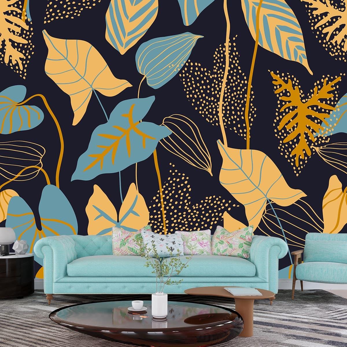 Retro Tropical Leaves Design Wallpaper shown in a room