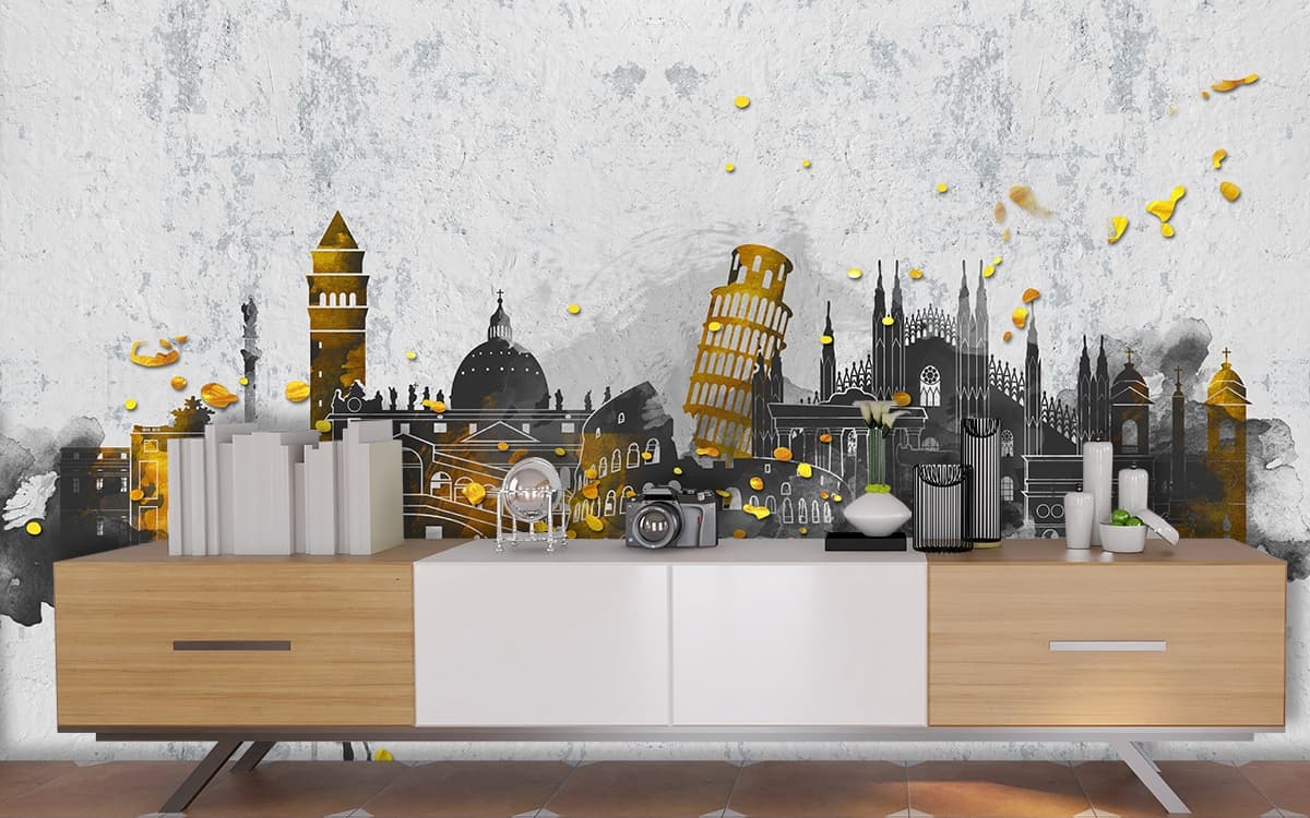Wonders of The World Symphony Wallpaper shown in a room
