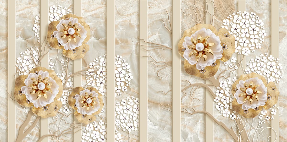 A wallpaper with flowers and gold leaves pattern detail