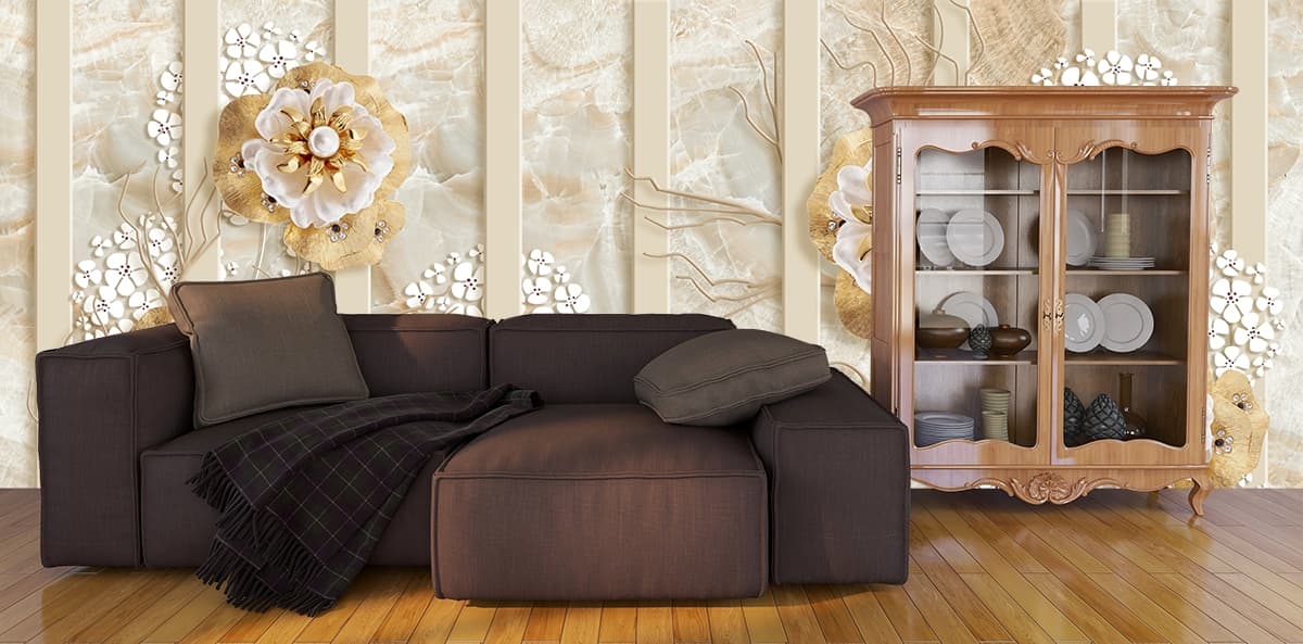 A wallpaper with flowers and gold leaves shown in a room