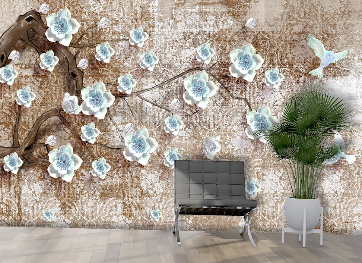 A wallpaper with flowers shown in a room